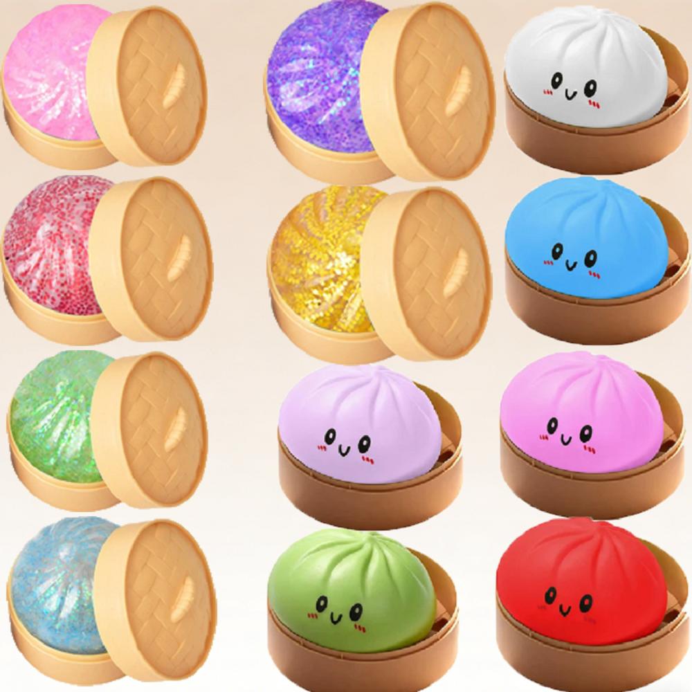 Shinny Glitter Dumpling Glitter Crystal Steamer Bun Squishy with Box Dumplings Squeeze Toy for Stress Relief