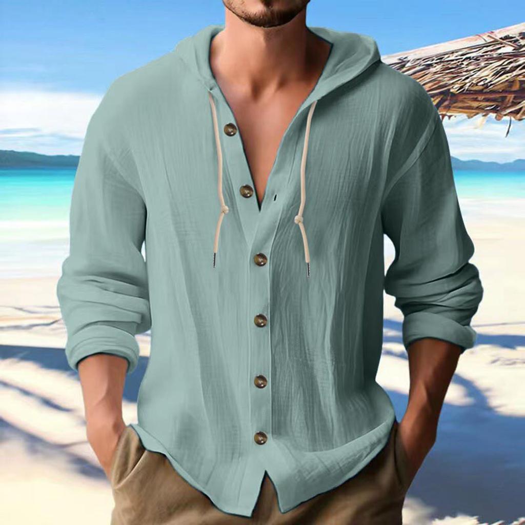 Mens Fashion Casual Solid Color Simple Casual Button Hooded Shirt Top Casual Commuting Short Sleeved Shirt