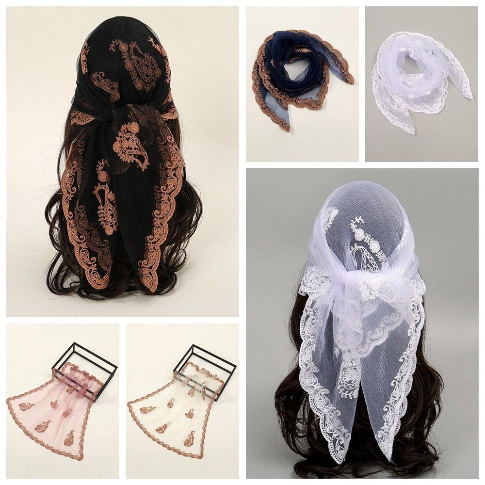 Hollow Out Foulard Bandana Floral Embroidery Lace Handkerchiefs Elegant Hair Scarf Headband  Women