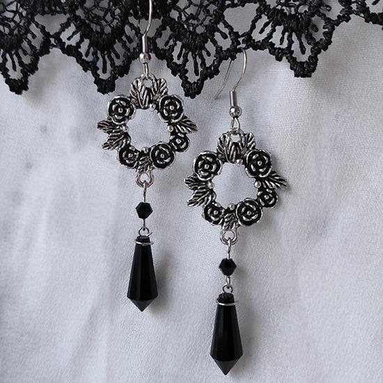 

Gothic Rose Black Crystal Pendant Earrings - Vintage Fashion Jewelry