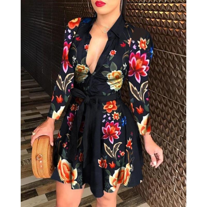 Wish Hot Sale Long Sleeve Collar Strap Fashion Sexy Printed Dress Women