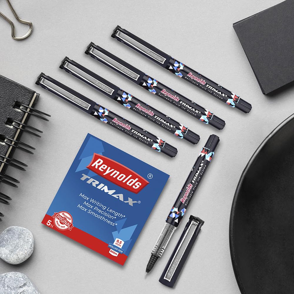 Reynolds Trimax Roller Ball Pen Set Of 1 (5 Black Ink) 0.5 mm Tip Smooth Writing Pens For Students Office And Daily Use