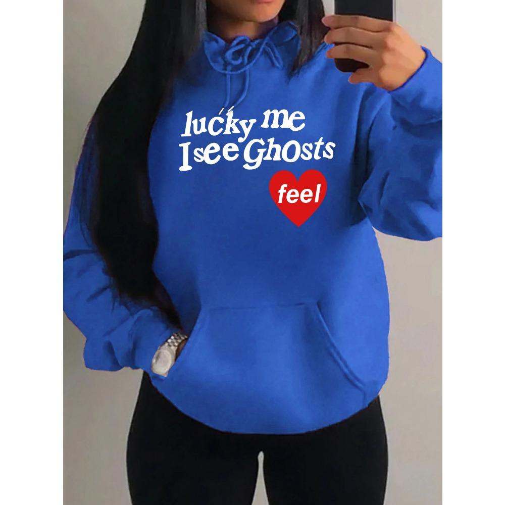 Glücklich ich sehe Geister Kunst Buchstabenmuster Damen Hoodie Herbst Mehrfarbig Hoodies Streetwear Fleece Tasche Kapuzenpullover