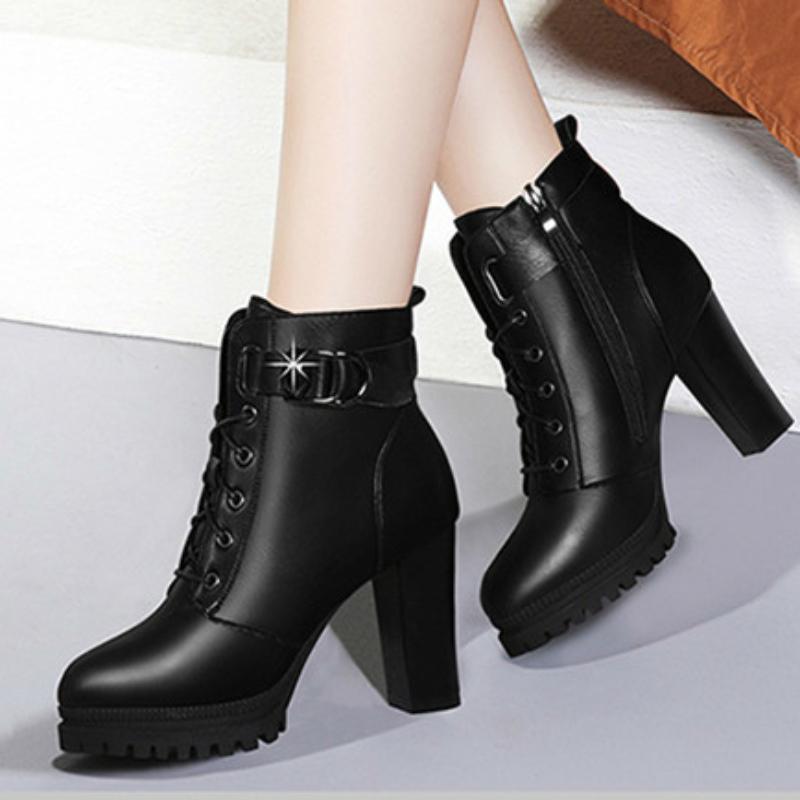 Fashion Shoes for Women Winter Women's Boots Solid Color Round Toe Zipper Lace Up Buckle High Heels Water Proof Shoes Women