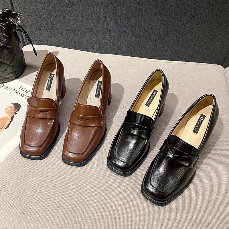 Fashion New Vintage College Style Women Loafer Shoes Fashionable Shallow Slip On Female Elegant Thick Heel Commuting Shoes Zapatos Mujer