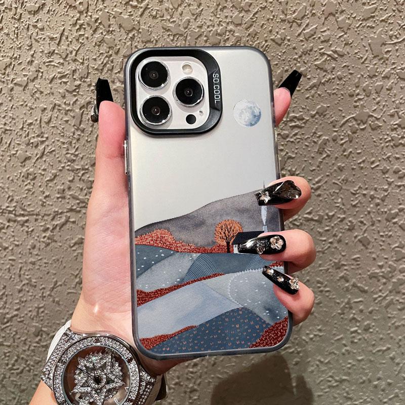 Mountain Landscape Cottage Minimalist Style Painting Phone Case For IPhone 16 15 Plus 16 15 14 13 12 11 Pro Max Mini Laser Cover