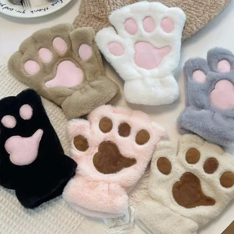 Adorable Cat Paw Print Mittens Women Winter Warm Gloves Thermal Insulated Half Finger Claw Design Outdoor Winter Accessories