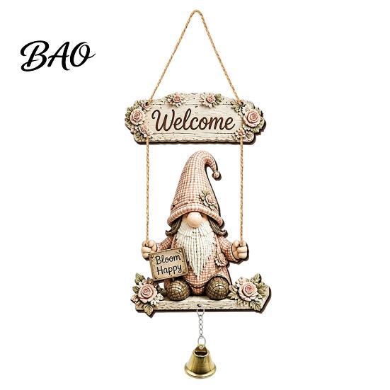 Outdoor Courtyard Decoration Wooden Gnome Door Hanger with Bell, Country Garden Welcome Sign Front Porch Hanging Swing Wall Plaque, Farmhouse Ornament