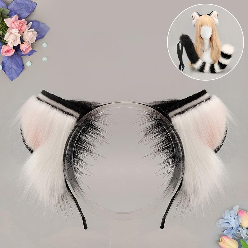 Set Bandă cu Urechi de Pisică din Blană Artificială și Coadă Handmade Accesoriu Costum Animal Kawaii Cosplay Convenție Anime