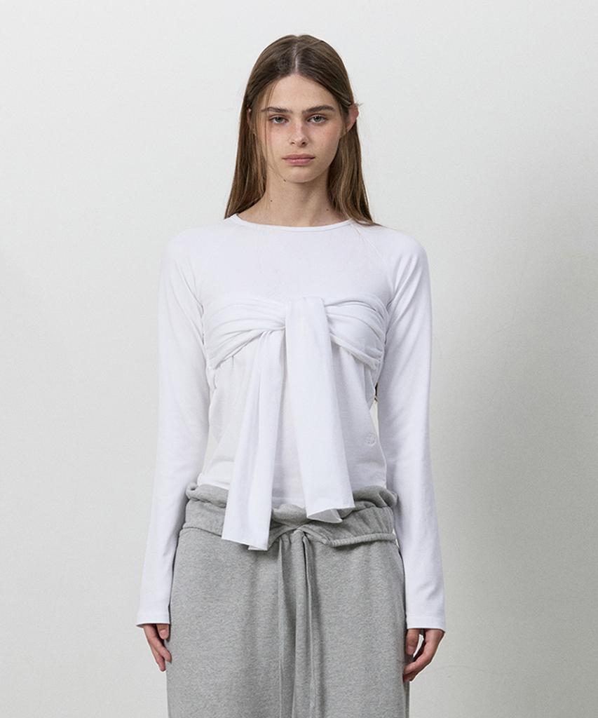 THREE TO EIGHTY Ribbon Drape Long Sleeve Tee White