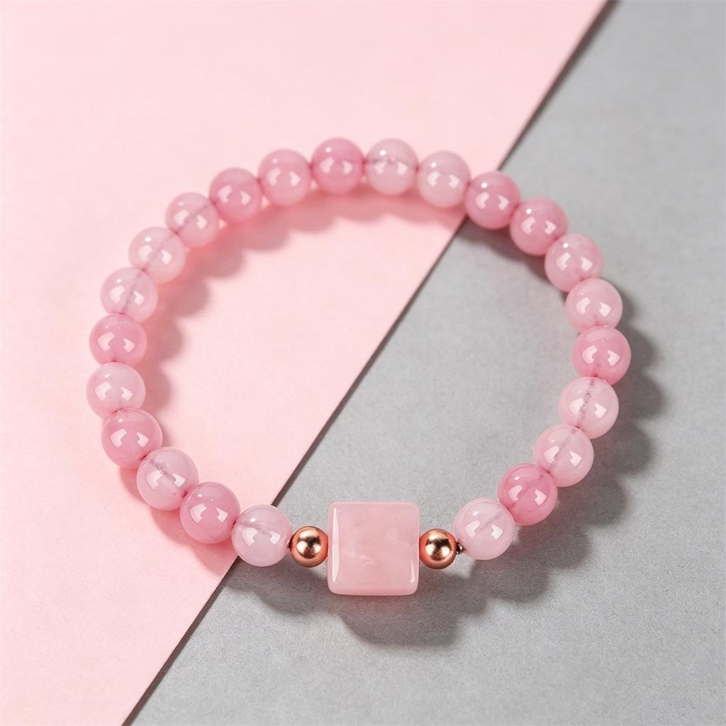Women Sweet Pink Rose Quartz Bracelet Square Crystal Pendant Beaded Bracelet Fashion Pink Stone Jewelry Gift For Girlfriend