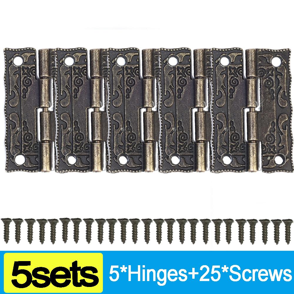10/1Sets Antique Bronze Hinges Cabinet Stainless Steel Hinge with Screws Jewelry Box Flower Pattern Furniture Fittings Hardware