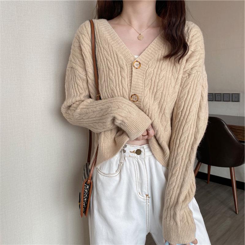 Autumn Design Sweater Twist V-Neck Short Long Sleeve Top Versatile Knitted Cardigan Loose Wind Jacket Women's Clothing