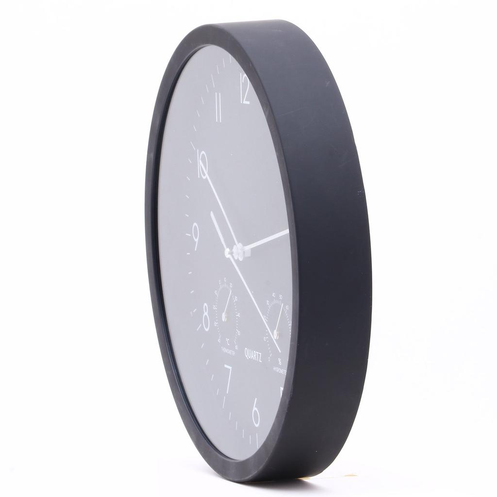 Fuji Boeki Wall Clock Diameter 25.4cm Black with Temperature and Hygrometer Sweep Continuous Second Hand Silent Bezel 26333