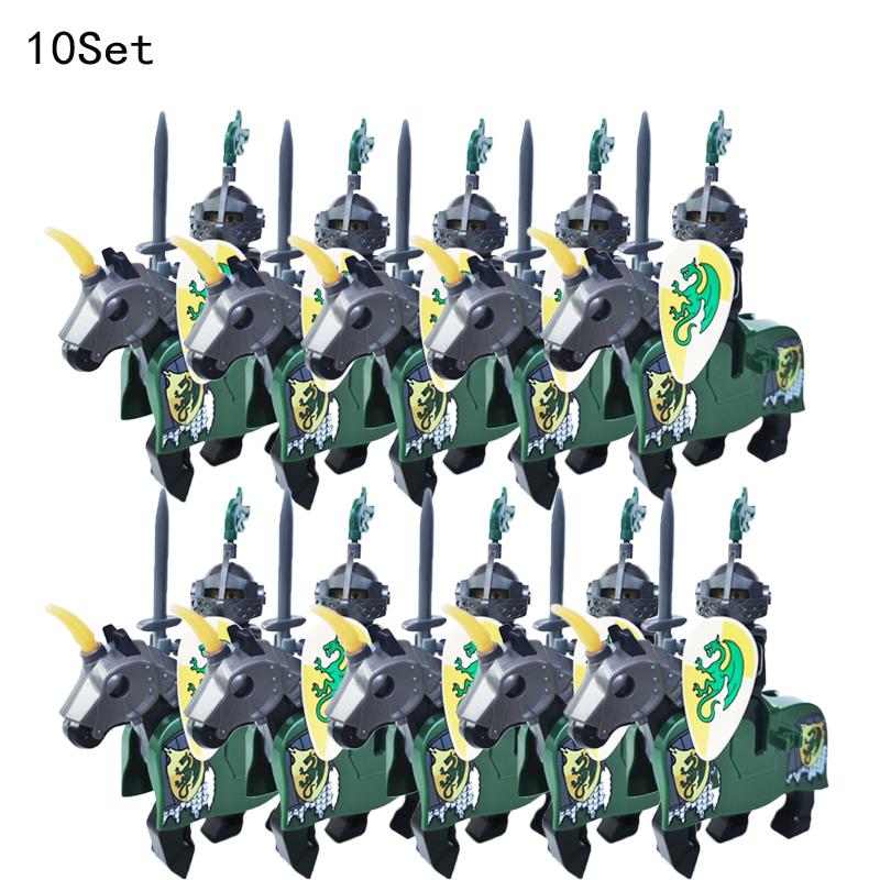 10 Sets Medieval Castle Knight Royal King's Red Dragon Black Warrior Soldier Rider with Horse Building Blocks Toys for Children