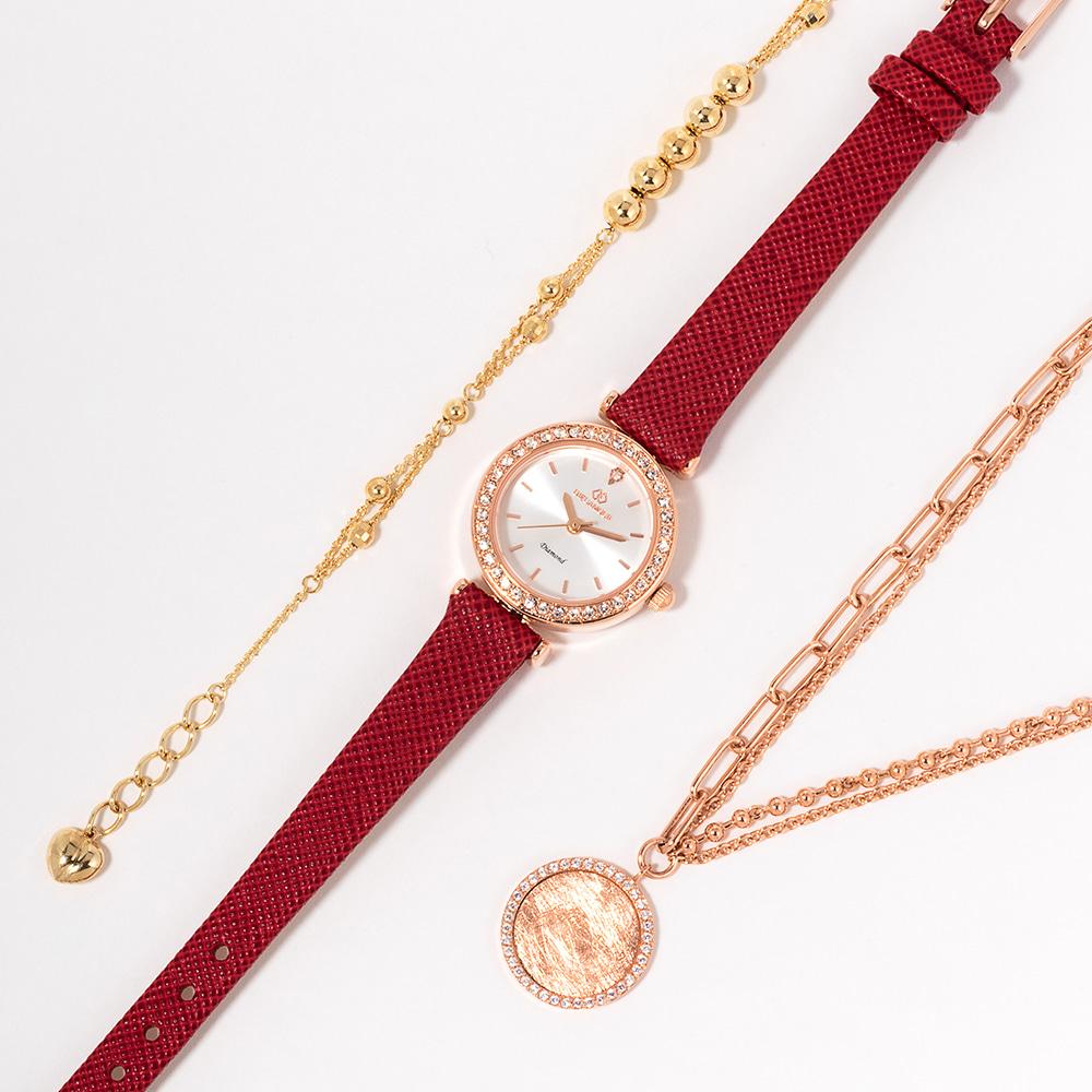 Diyuamoleu Women'S Leather Band Watch Daw3201L-Rd Diamond Watch