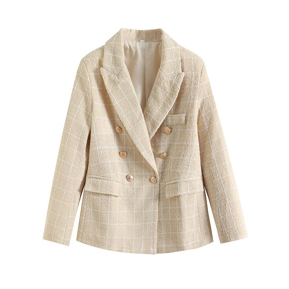 Women's Spring and Autumn Fashion Double-breasted Tweed Plaid Suit Jacket Retro Long-sleeved Pocket Suit Jacket