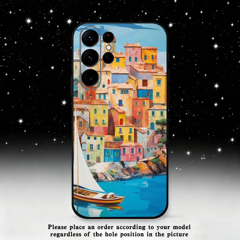 Stylized Houses Painting Phone Case For Samsung S25,S24,S23,S22,S21,S20,S10,Ultra,Plus,Lite,FE,Soft Silicone Black Cover