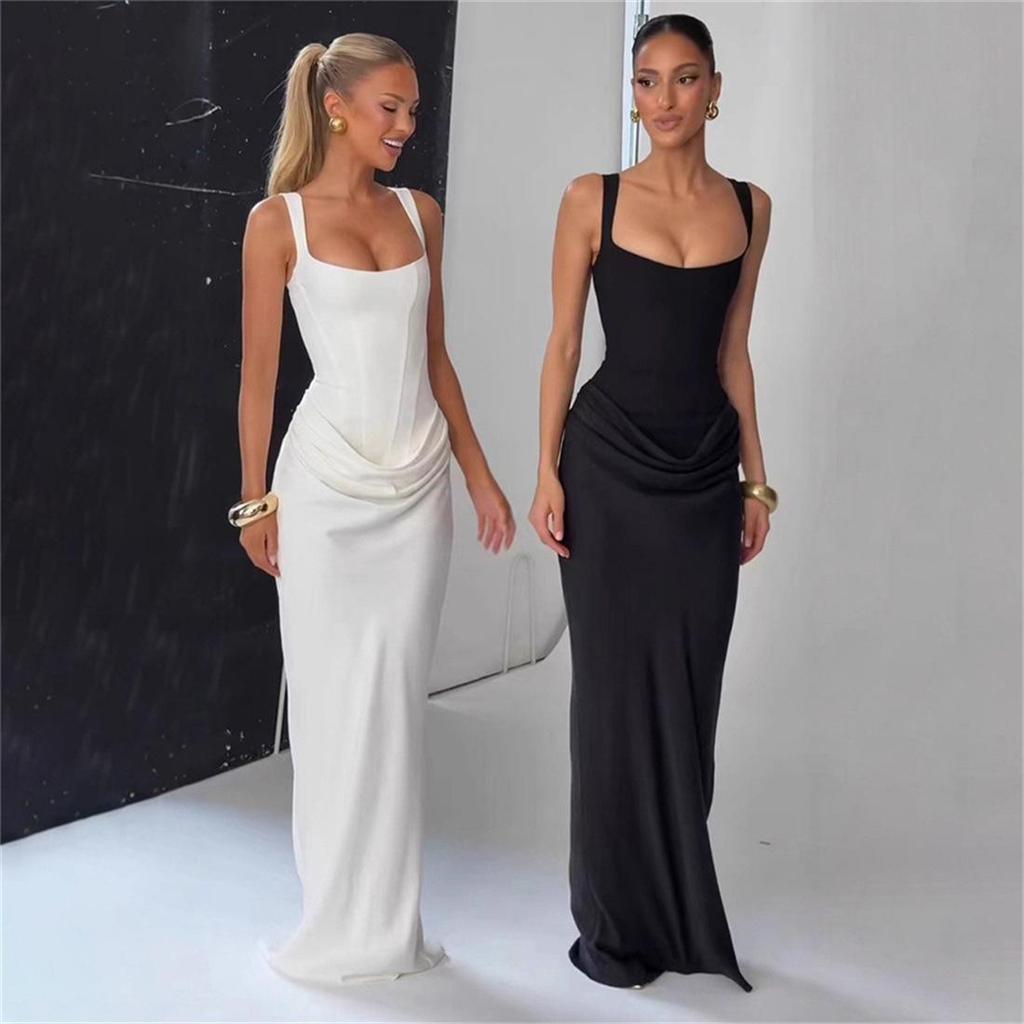 2026 Spring European & American Style Square Neck Pleated Spaghetti Strap Waist-Cinched Hip-Hugging Long Dress
