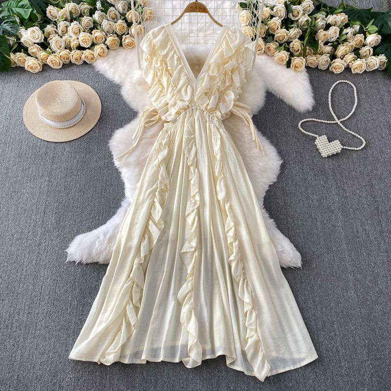 

Французский стиль Темперамент V-образный вырез Короткий рукав Платье Женское Лето Кулиска на талии Облегающее Стройнящее Тяжелая промышленность Волан Платье принцессы Light yellow M