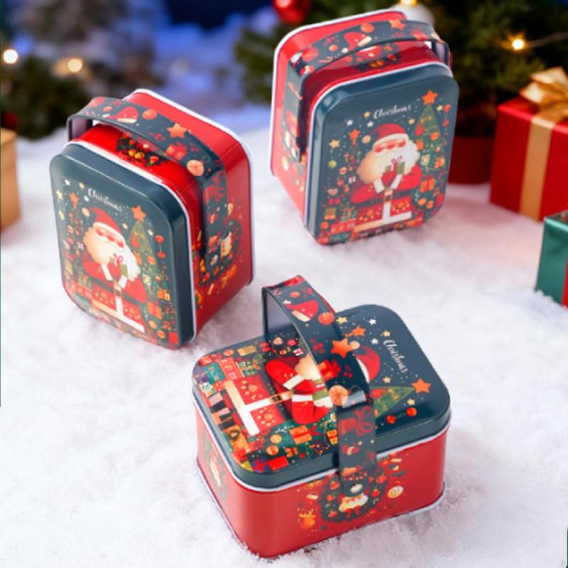 1 Pcs Christmas Gift Box With Handle Tinplate Candy Cookie Packaging Box Containers Kids  Year Gift Decor Xmas Party Supplies