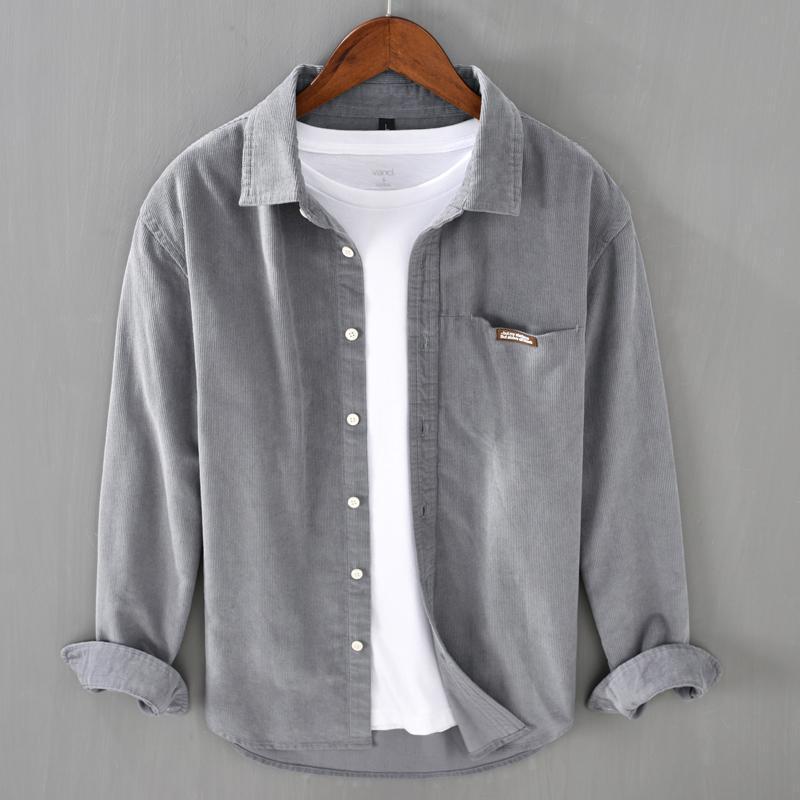

2026 Spring and Autumn Japanese Retro Art Casual Loose Lapel Long Sleeve Solid Color Versatile Oversize Corduroy Men s Sweater M серый