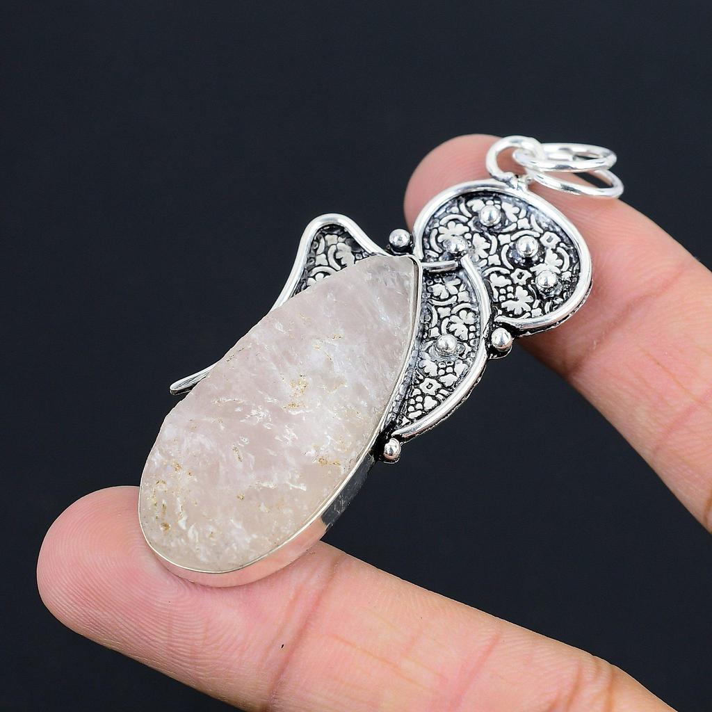 Daughters Day Sale Sterling Silver Rose Quartz Rough Gemstone Elegant Pendant