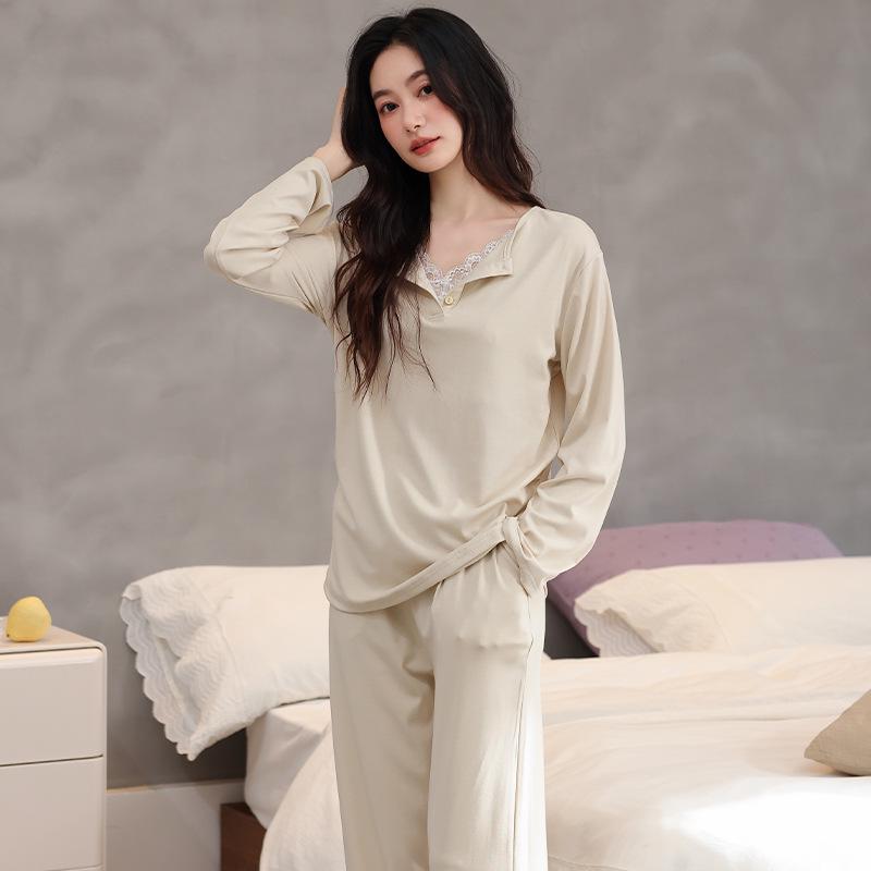 Women's Autumn Cotton Pajama Set with Chest Pad - Long Sleeve, Long Pants, Sporty Outdoor Homewear