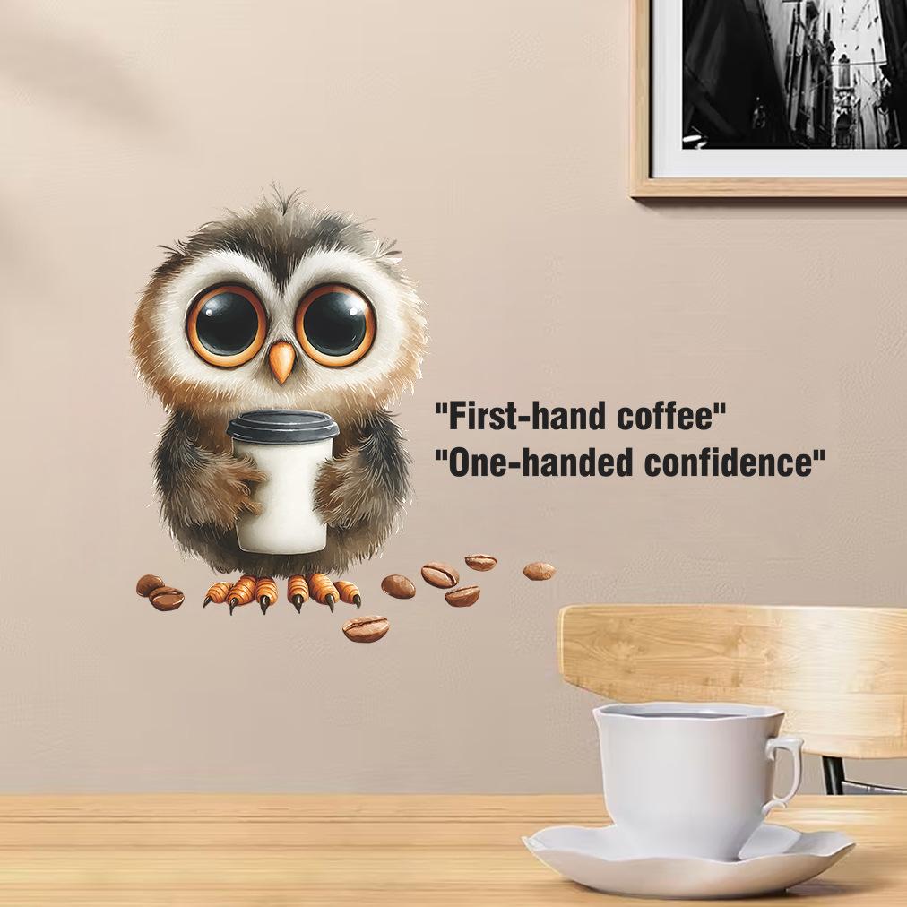 Cartoon Owl Drinking Coffee with Motivational Quote Cafe Wall Sticker Self-Adhesive Removable Decal