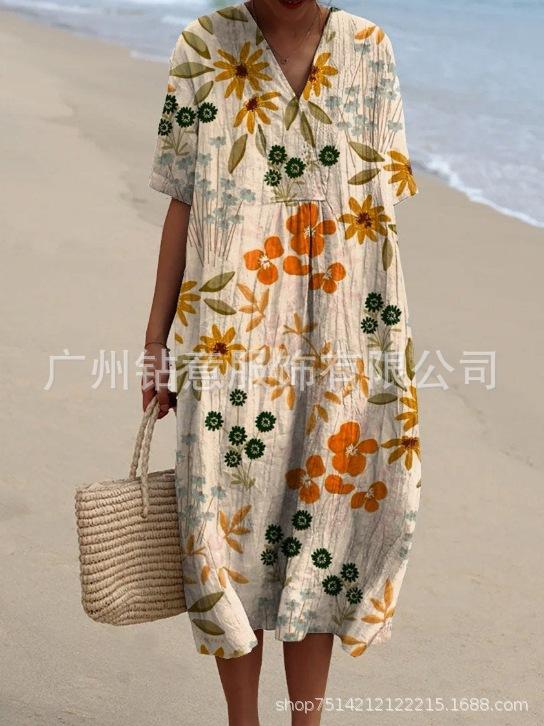 New Loose Casual Comfortable V-neck Digital Printing Pleated Large Version Dress