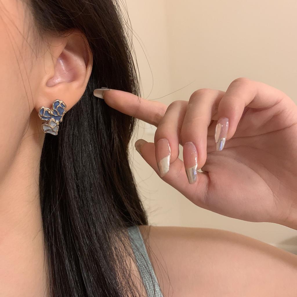 S925 Silver Needle Retro Style Irregular Blue Love Stud Earrings High Sense Trendy Earrings Contrasting Color Personalized Earrings