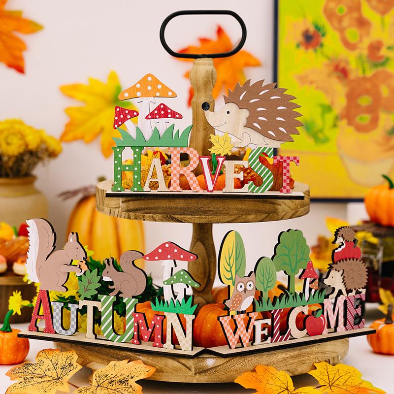 Stylish Harvest Season Wooden Animal Display Featuring Hedgehog And Designs Squirrel