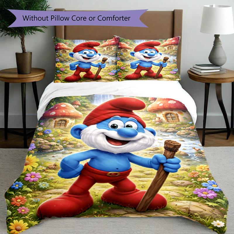 3pcs Duvet Cover Set (1*Duvet Cover + 2*Pillowcase, Without Core), Blue Smurfs Print Bedding Set, Bedroom Decor, All‑Season, Birthday Gift
