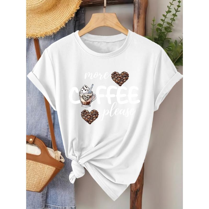 Европейские размеры Элегантная женская футболка / С коротким рукавом с принтом  Еще кофе, пожалуйста , Круглый вырез, Винтажный стиль, Ткань средней эластичности S белый