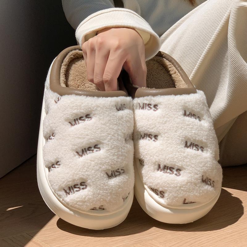 New Soft Thick-soled Embroidered Plush Slippers Autumn and Winter Couple Shoes Home Plush Warm Non-slip Cotton Slippers