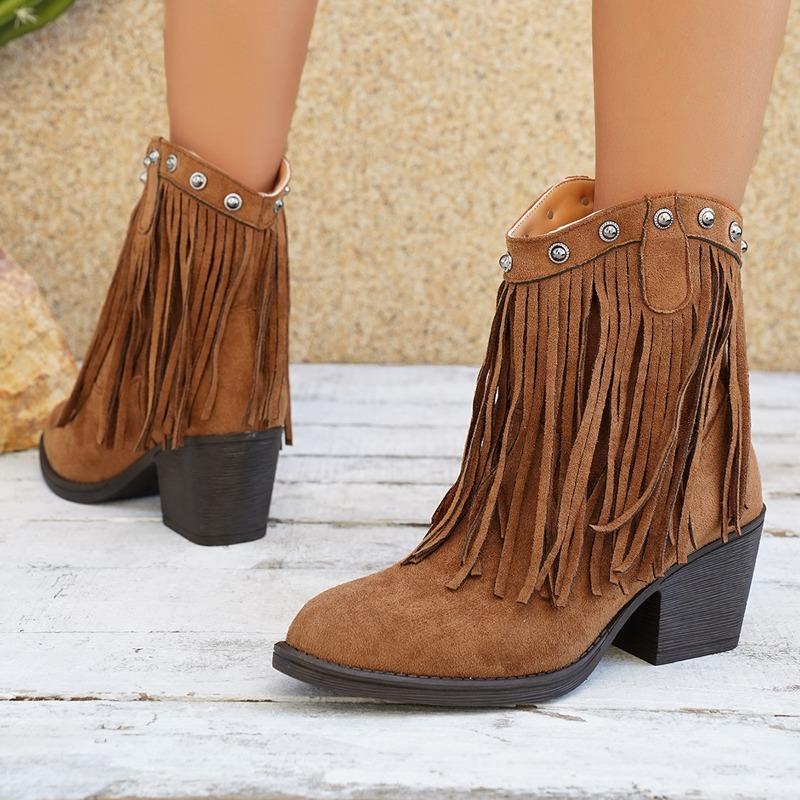 Fashion Autumn Shorthole Boots Fashion Pointed Toe Suede Tassel Studded Non-Slip Wear-Resistant Block Heel Single Boots