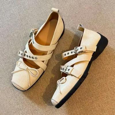 Moda Moda Fivela Cruzada Amarrada Sapatos Mary Jane Planos Femininos Elegantes Bico Quadrado Sapatilhas Baixas Confortáveis Sola Macia Sapatos Casuais