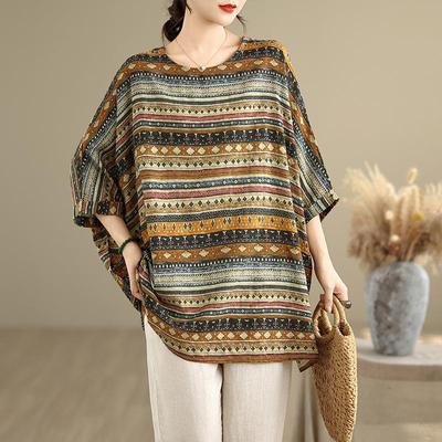 DIMANAF 2025 Sommer T-Shirt Übergröße Damen Blumendruck Fledermausärmel Lockere Oberteile Lässig