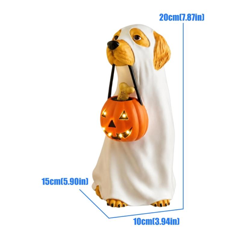 Halloween Resin Dog Statue with Illuminated Bucket and Bone Detail for Window, Entryway, Party Tables, and Indoor Party Centerpiecs