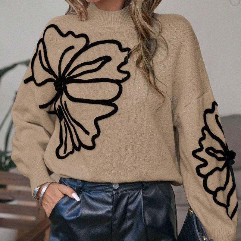 Damen Pullover mit Rollkragen, langen Ärmeln, Strick, lockerer Passform, mit Blumenstickerei