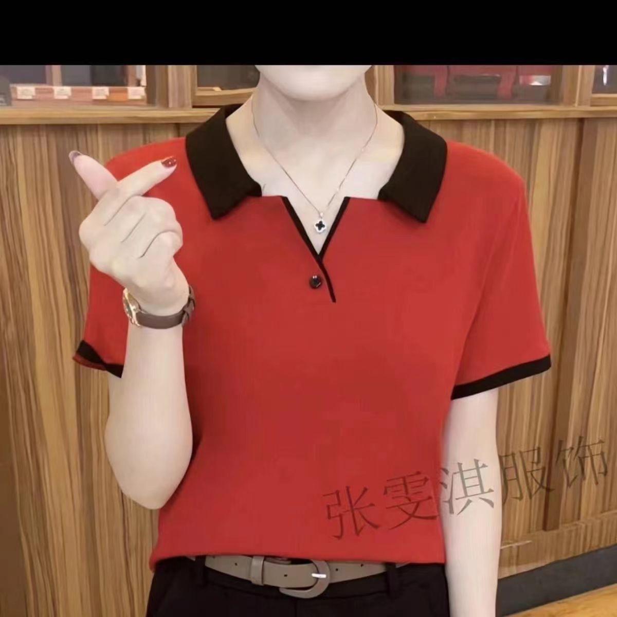 

Temperament short-sleeved T-shirt women s summer new large size loose fashion versatile solid color top 5XL червоний