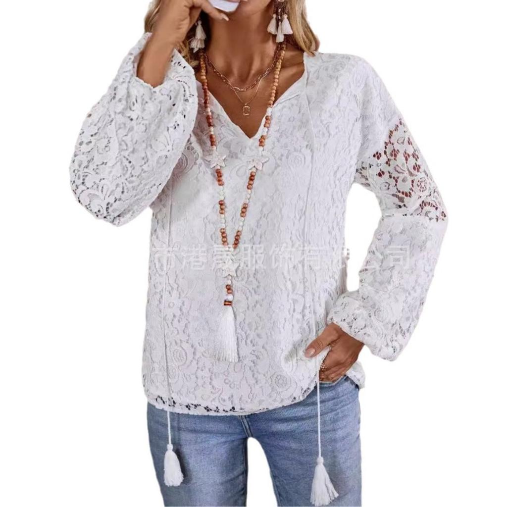 Fall Women's Hollow Out Lace Blouse, V Neck Loose Pullover Long Sleeve Elegant Casual Top for Women