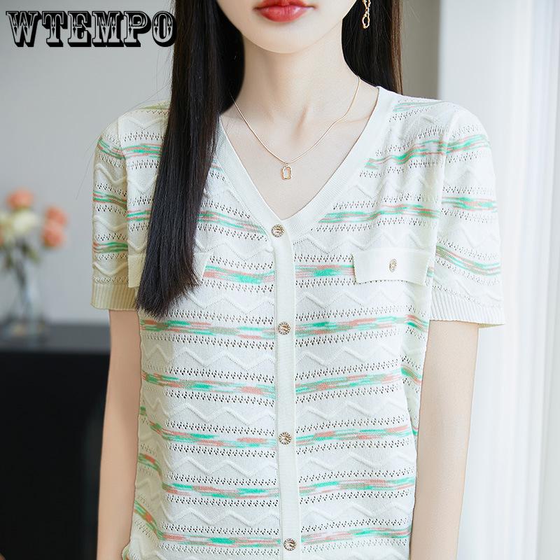 Summer Thin V-neck Short Sleeved Cardigan T-shirt for Women Slim Knitted T-shirt