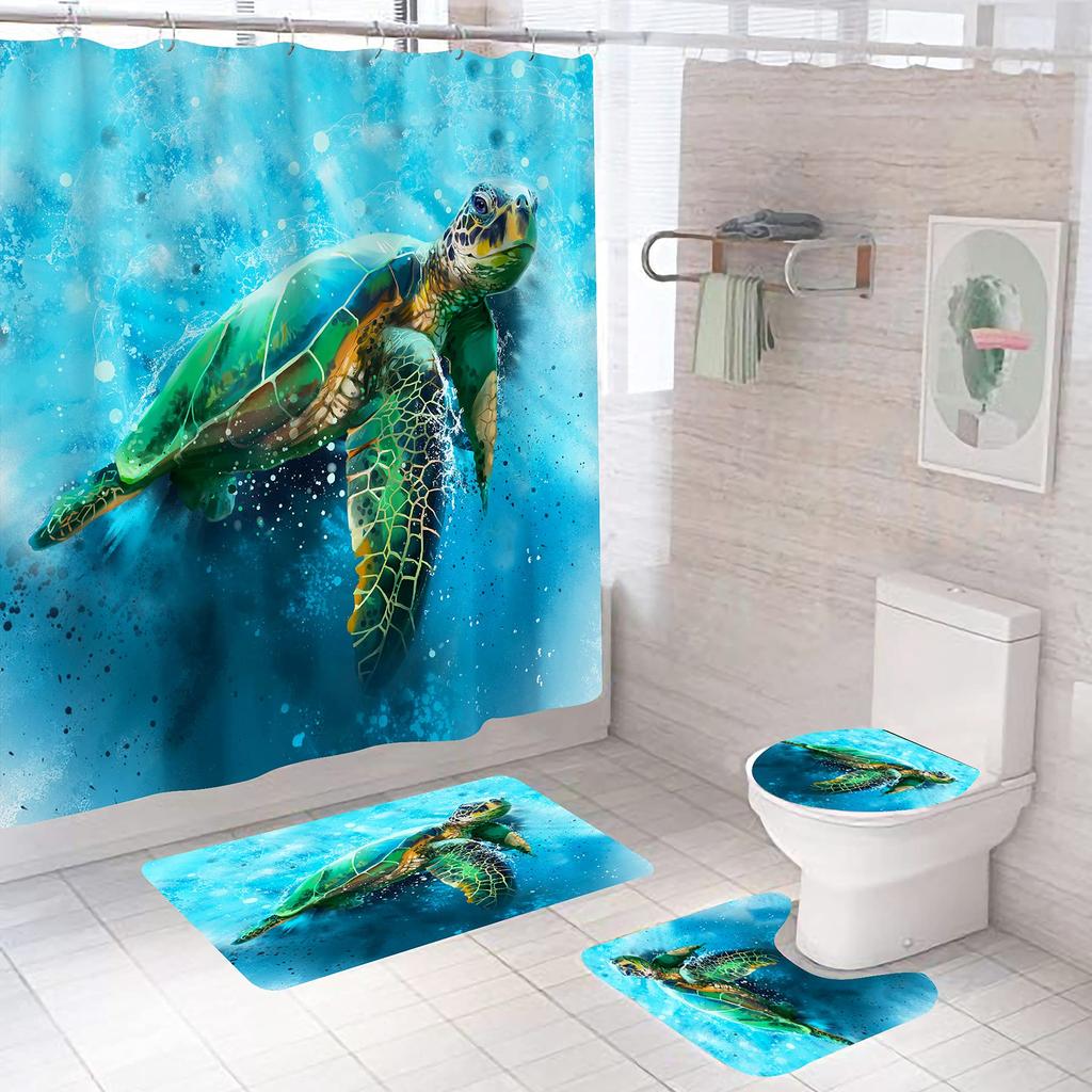 Sea Turtle Shower Curtain Set Non-Slip Rugs Toilet Lid Cover Bath Mat Nautical Ocean Bathroom Curtains Set Durable Waterproof