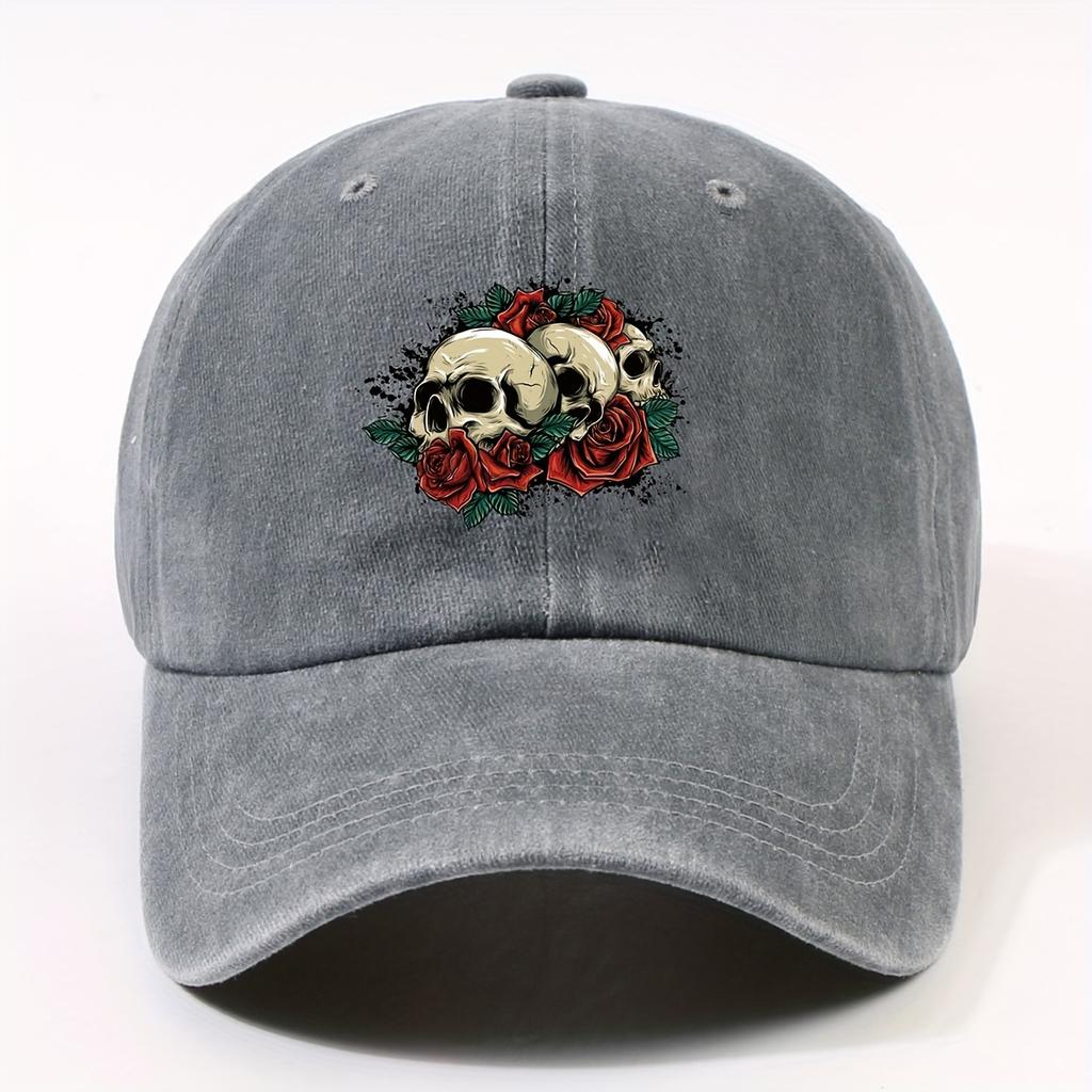 A Trendy Baseball Cap Featuring a HipHop Style Skull And Rose Pattern Suitable for Both Men And Women Perfect for Outdoor