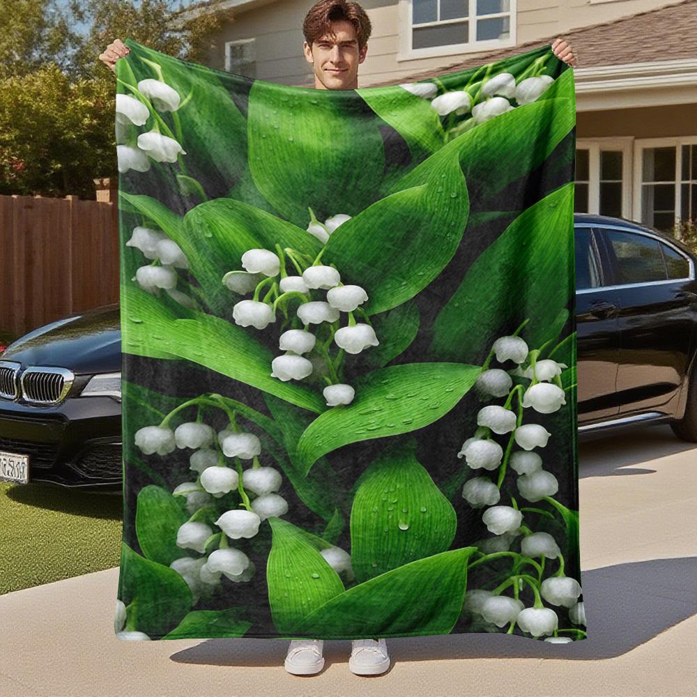 1PC Lily of the ValleyOutdoor Flannel Blanket - Soft Plush Decor for Picnics, Camping, Bedroom, Playroom, Office, or Lunch Break 1284A