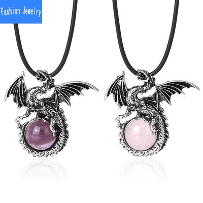 Men's Personalized Retro Viking Style Dragon Pendant Natural Crystal Obsidian Pterosaur Bead Crystal Necklace