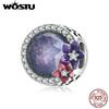 WOSTU 925 Sterling Silver Purple Bright Flowers Charms for Making Bracelet or Bangle DIY Jewelry