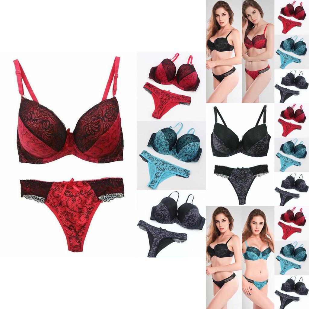 Flower Womens Lace Padded Bra Plunge Set Ladies Underwear Panties Sets Push Up