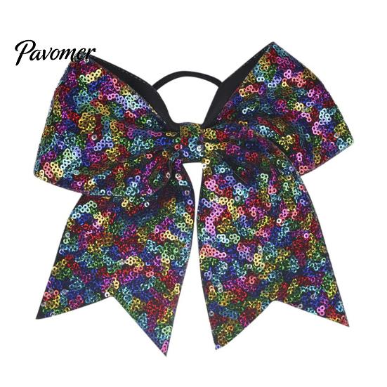 Shiny Hair Bows for Girls Sequins Bows, Elastic Tie, Large Cheerleading Stage Costume Accessories Band Ponytail Holder, Glitter Scrunchies Women Teens